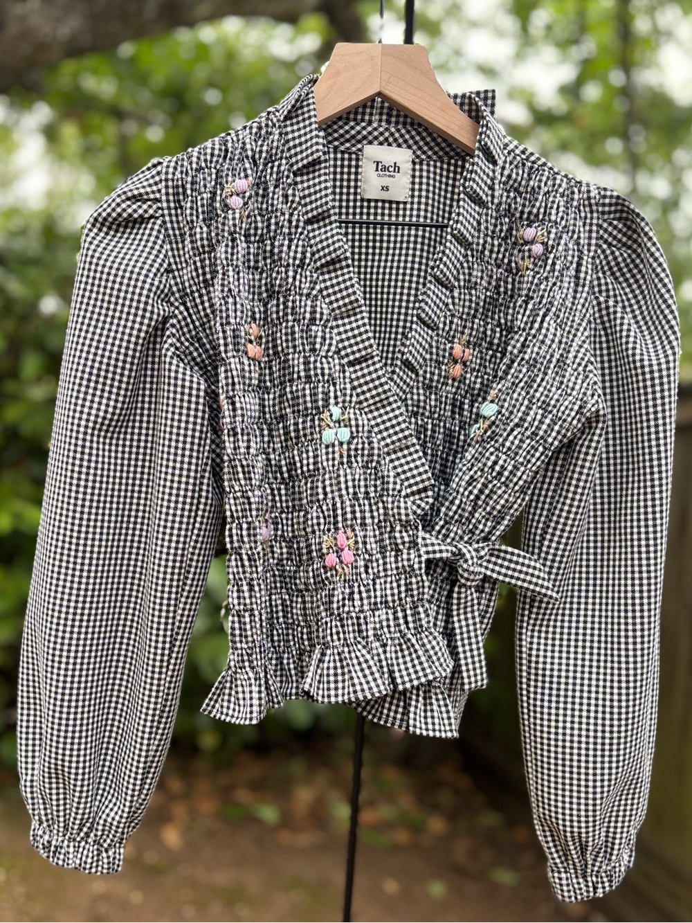 TACH Black & White Gingham Wrap Top with Pastel Floral Embroidery